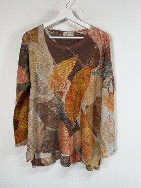 Atelier 5 Women's Brown Autumn Leaf Print Mesh Knit Top Small Long Sleeve Artsy